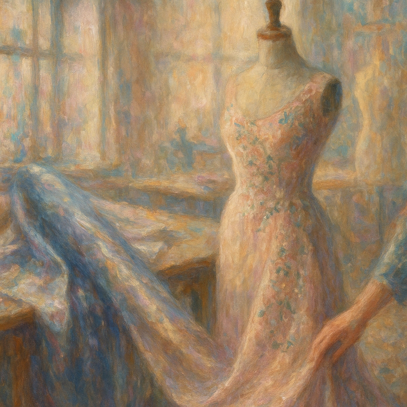 Een Monet-stijl schilderij van een ingetogen Parijs haute couture atelier, met zacht licht dat valt op glanzende zijde en fijn borduurwerk, wat een gevoel van tijdloos vakmanschap oproept.