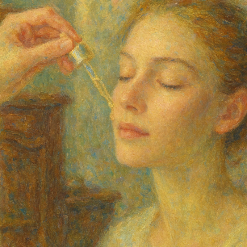 Een impressionistisch schilderij in Monet-stijl toont een zachte hand die een serum aanbrengt op een stralend gezicht, met op de achtergrond wazige vormen die lijken op gepolijst zilver en antieke houten meubels, alles in zachte, dromerige tinten.