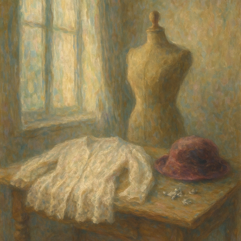 Monet-stijl schilderij van een rustig, zacht verlicht vintage atelier. Een kanten blouse en een fluwelen hoed liggen op een houten tafel, met enkele zilveren sieraden ernaast.