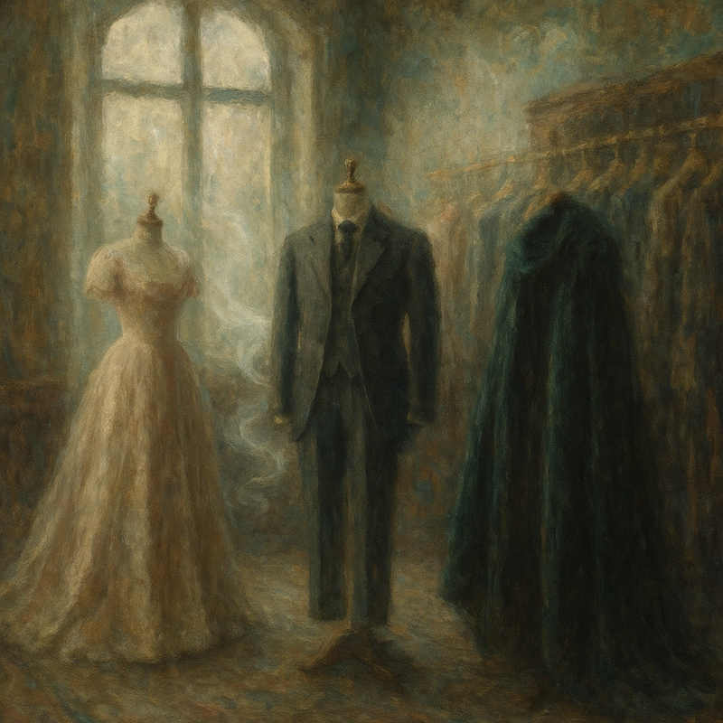 Een impressionistisch schilderij in Monet-stijl van een vintage kledingwinkel in Amsterdam, met antieke kledingstukken zoals een baljurk en een mannenpak, badend in zacht licht, en een subtiele, geurige sfeer.