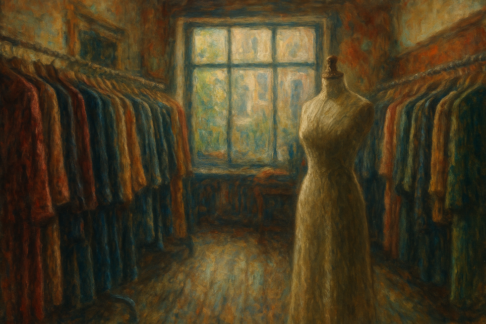 Een Monet-stijl schilderij van het interieur van een oude Amsterdamse vintage kledingwinkel met racks vol textuurrijke kleding, verlicht door zacht licht.