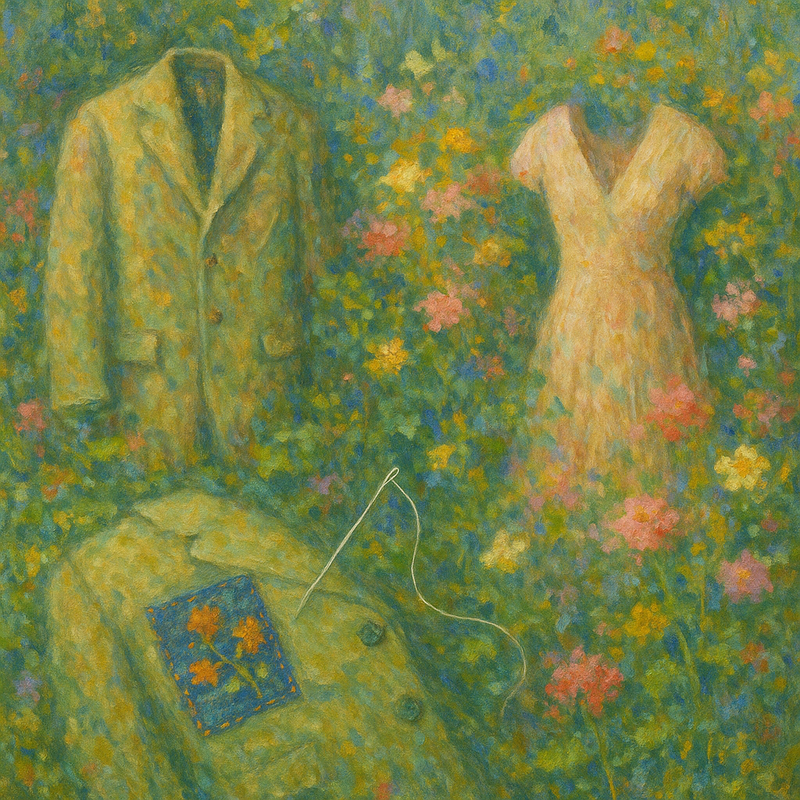 Een Monet-stijl schilderij van weelderige bloementuinen waarin mode-items, zoals een jas en een jurk, verweven zijn met subtiele details van reparatie en upcycling, symboliserend de duurzame luxe.