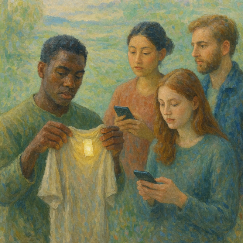 Monet-stijl schilderij van diverse consumenten die kledinglabels en telefoons onderzoeken in een zachte, natuurlijke omgeving, symboliserend de verschuiving naar duurzame mode.