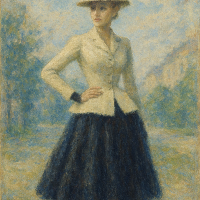 Een Monet-achtig schilderij van een vrouw in Diors 'Bar Suit', kenmerkend door een smalle taille en wijde rok, op een dromerige achtergrond.