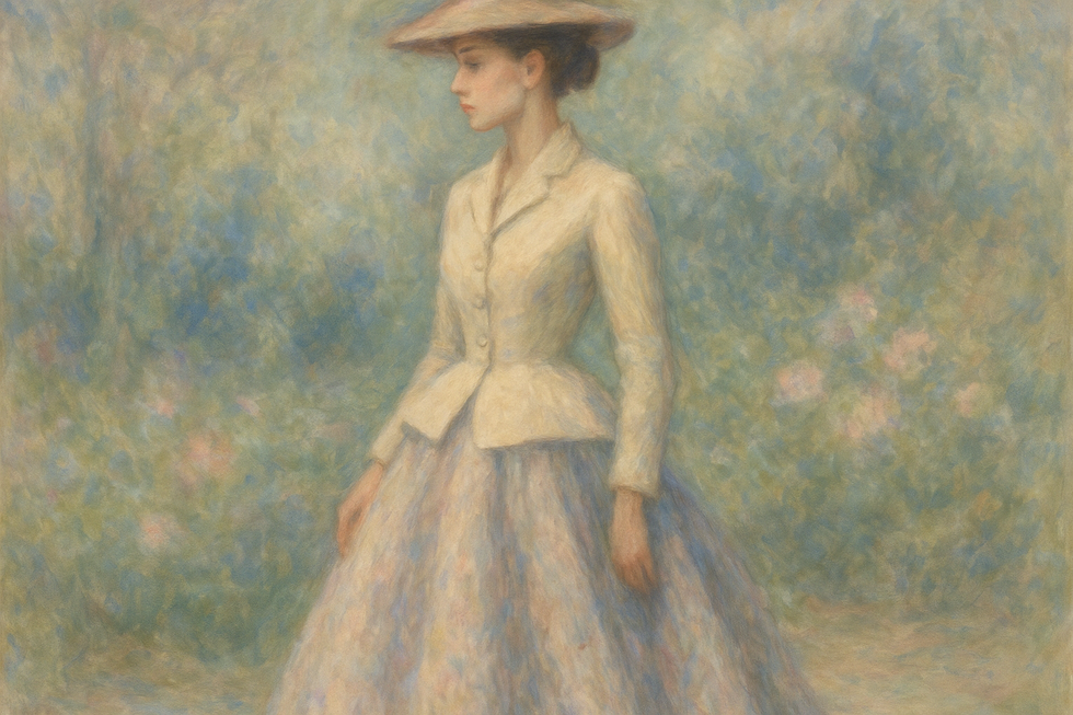 A Monet-style painting of a woman in a classic Dior New Look dress, standing in a soft, impressionistic garden.