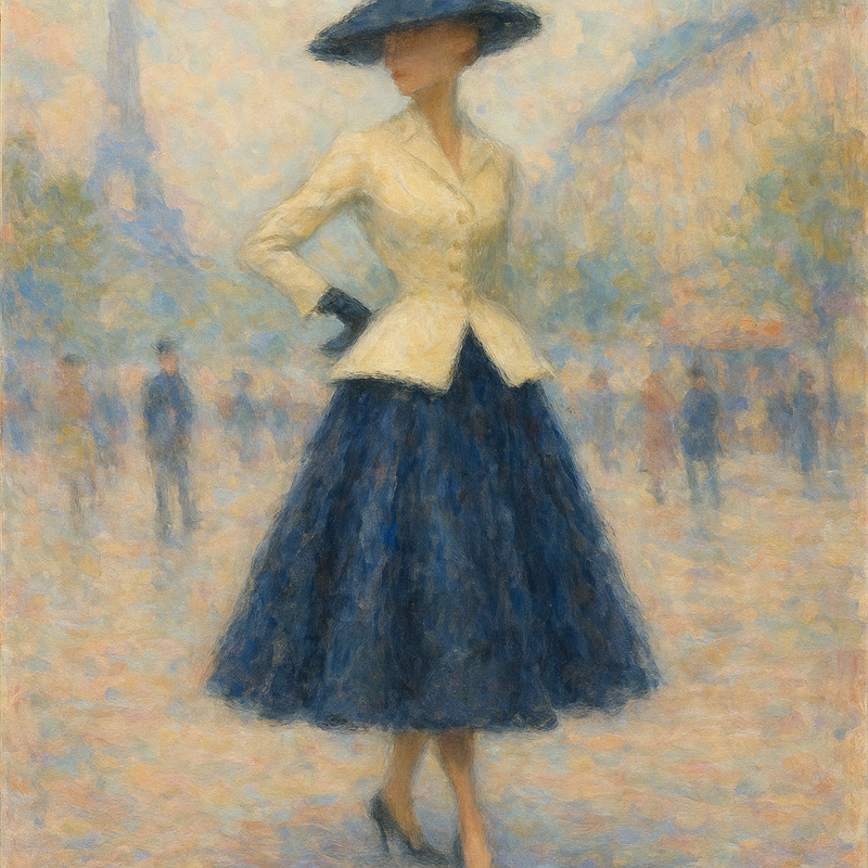 Een Monet-stijl schilderij van een vrouw in een elegante Dior New Look jurk, haar silhouet benadrukt met een smalle taille en volle rok, tegen een impressionistische Parijse achtergrond, symboliserend de culturele adoptie van deze mode.