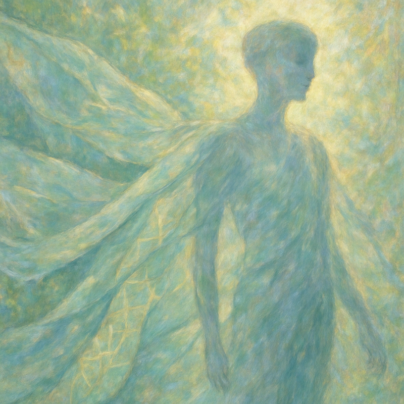 Een Monet-achtig schilderij van golvende, innovatieve stoffen in groen en blauw met geometrische patronen, omgeven door een zachte gloed die technologische vooruitgang en duurzaamheid symboliseert.