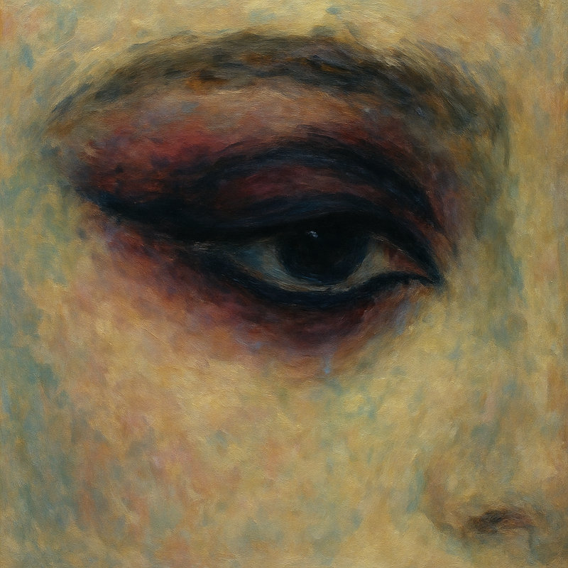 Een artistieke, Monet-stijl afbeelding van een oog met dramatische make-up, inclusief smudged eyeliner en diepe, verzadigde oogschaduwen, die historische elegantie oproept.