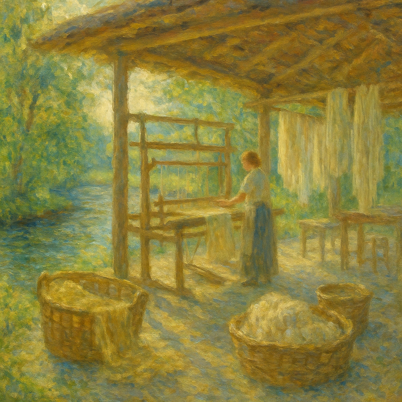 Een Monet-stijl schilderij van een idyllisch landschap met subtiele industriële elementen die duurzame kledingproductie symboliseren, met zachte kleuren en vloeiende vormen.