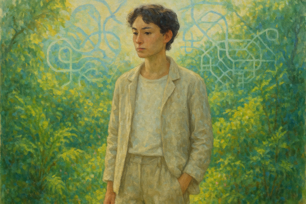 Een Monet-stijl schilderij van een stijlvolle persoon in een weelderige tuin, symboliserend de samensmelting van ecologische mode en technologische innovatie.