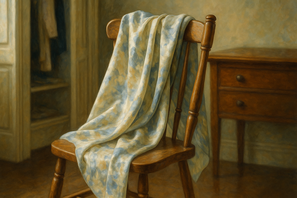 Een Monet-stijl schilderij van een blauw-crème zijden sjaal elegant gedrapeerd over een stoel in een lichte, verfijnde kamer.