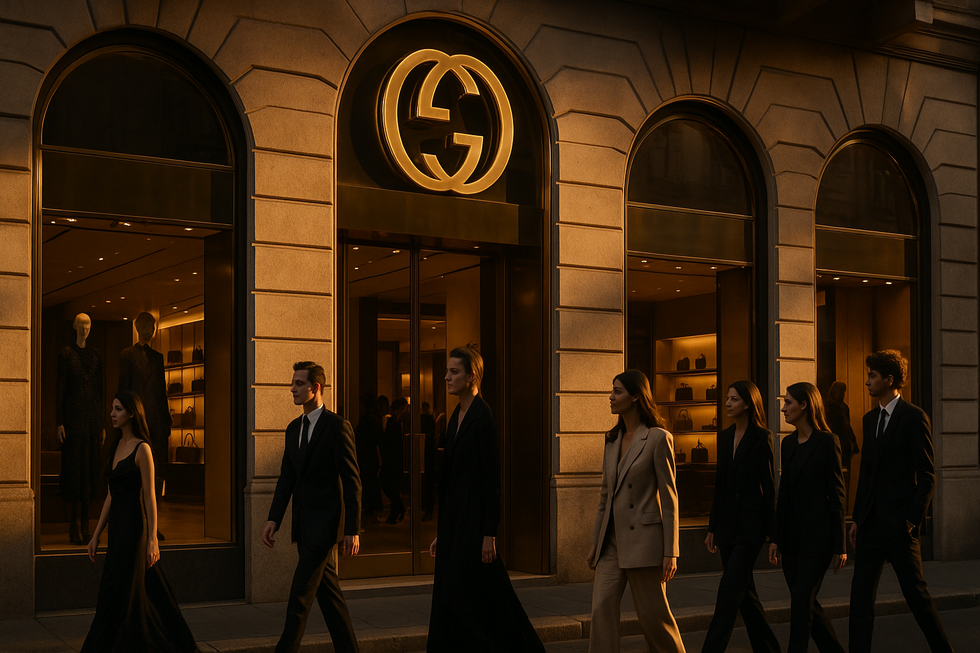 Gucci winkel in Milaan met verlicht logo tijdens gouden uur