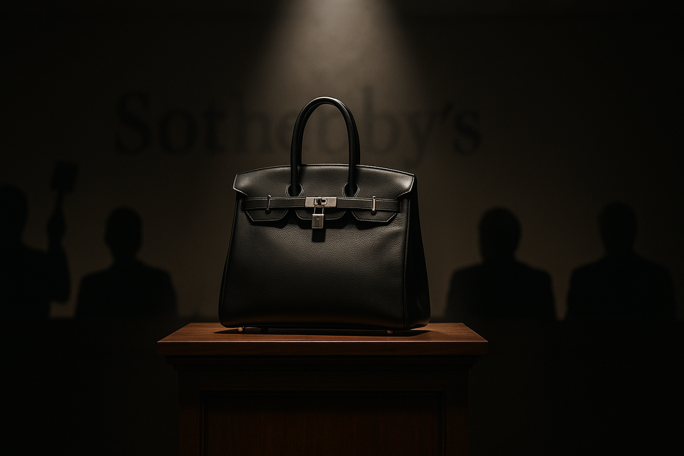 Zwarte leren Hermès Birkin handtas op veilingpodium met spotverlichting