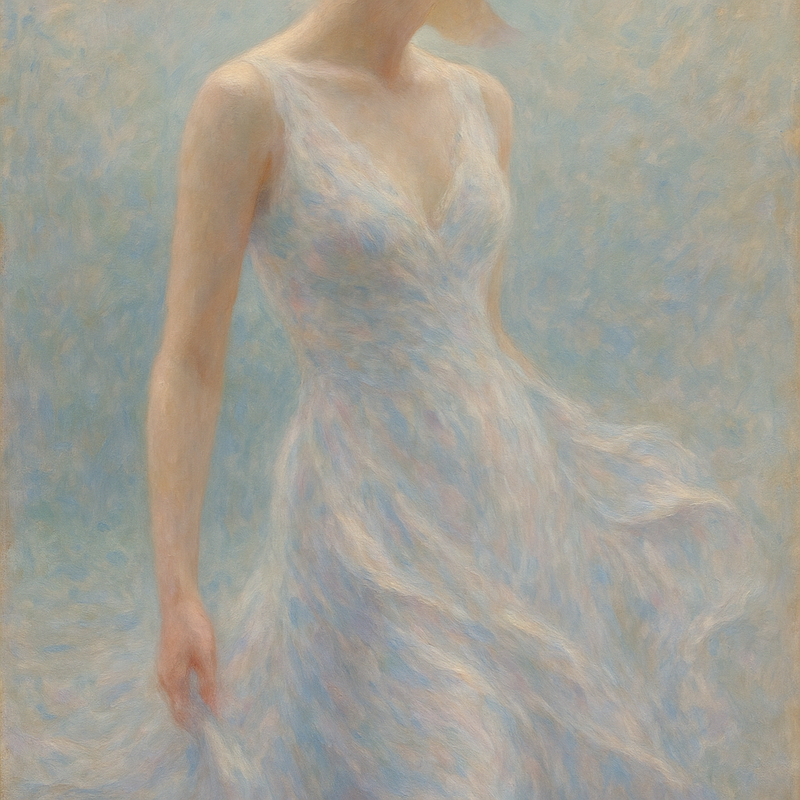 Een impressionistisch schilderij in Monet-stijl van een abstracte figuur gehuld in doorzichtige, lichtroze en crèmekleurige stoffen die de lichaamsvormen subtiel onthullen.