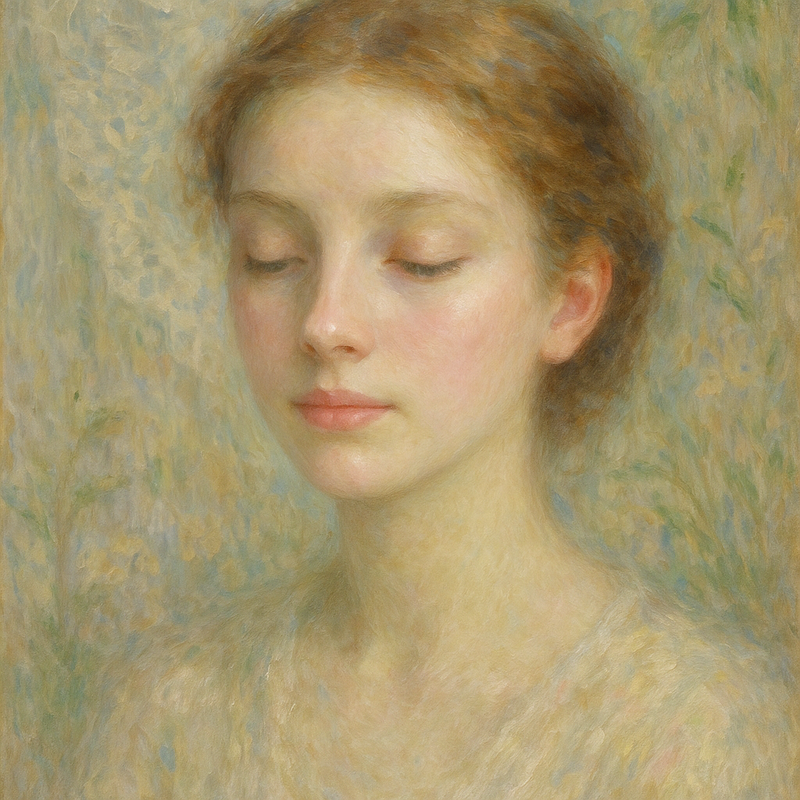 Monet-stijl schilderij van een een jonge, kalme huid omringd door zachte, vage elementen van vintage kant en botanische vormen.