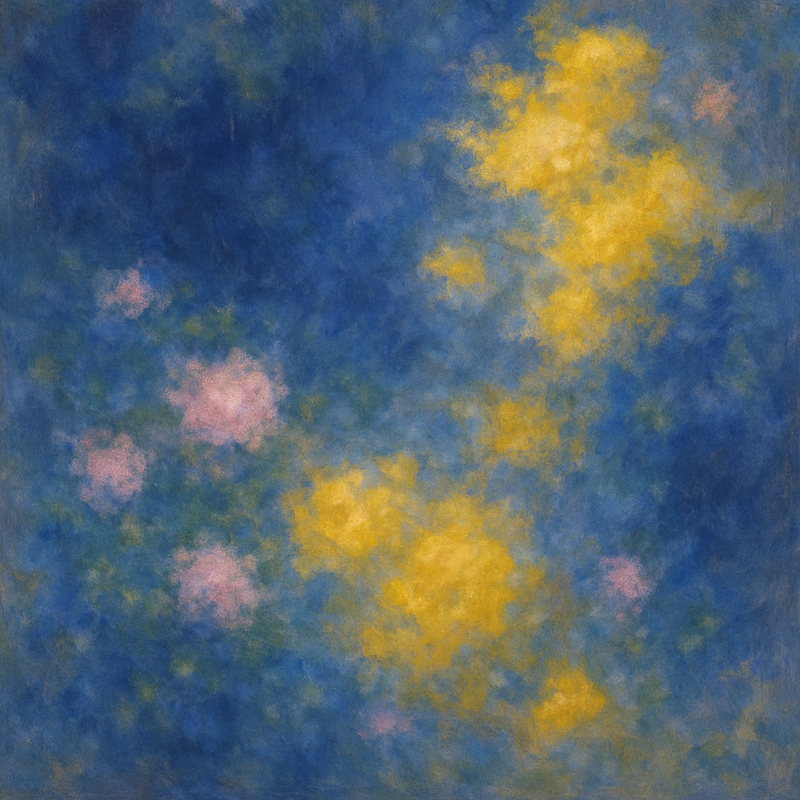 Een Monet-stijl schilderij met dromerige vegen van diep indigo, stralend geel en zachtroze, die de emotionele impact van kleuren in mode symboliseren.