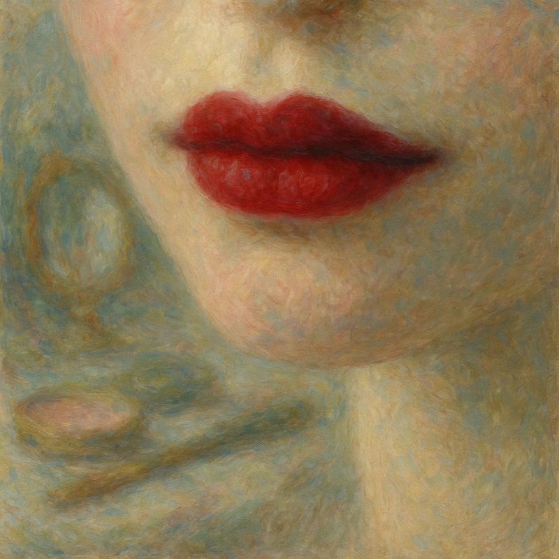 Een artistieke Monet-stijl afbeelding van een vrouwelijke mond, gekenmerkt door levendige rode lippen die zorgvuldig zijn aangebracht, omringd door zachte, vage penseelstreken die een gevoel van klassieke schoonheid en vakmanschap overbrengen.