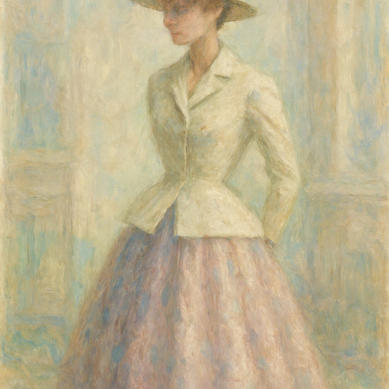Een Monet-stijl schilderij van een vrouw in een klassieke New Look jurk, met een duidelijke gestructureerde schouder, smalle taille en volle rok, in zachte pastelkleuren.
