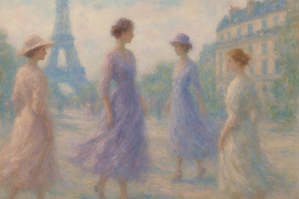 Een Monet-stijl schilderij van dromerige, vloeiende mode in Parijs, met elegante figuren en vage Parijse architectuur, in zachte pastelkleuren.