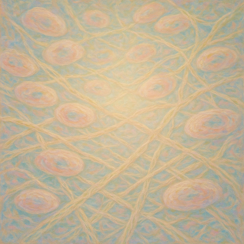 Een Monet-schilderij met zachte, etherische kleuren die de complexe structuur van de huid symboliseren, met delicate, draadachtige elementen die op collageen en celcommunicatie lijken, en een zachte, egaliserende gloed.