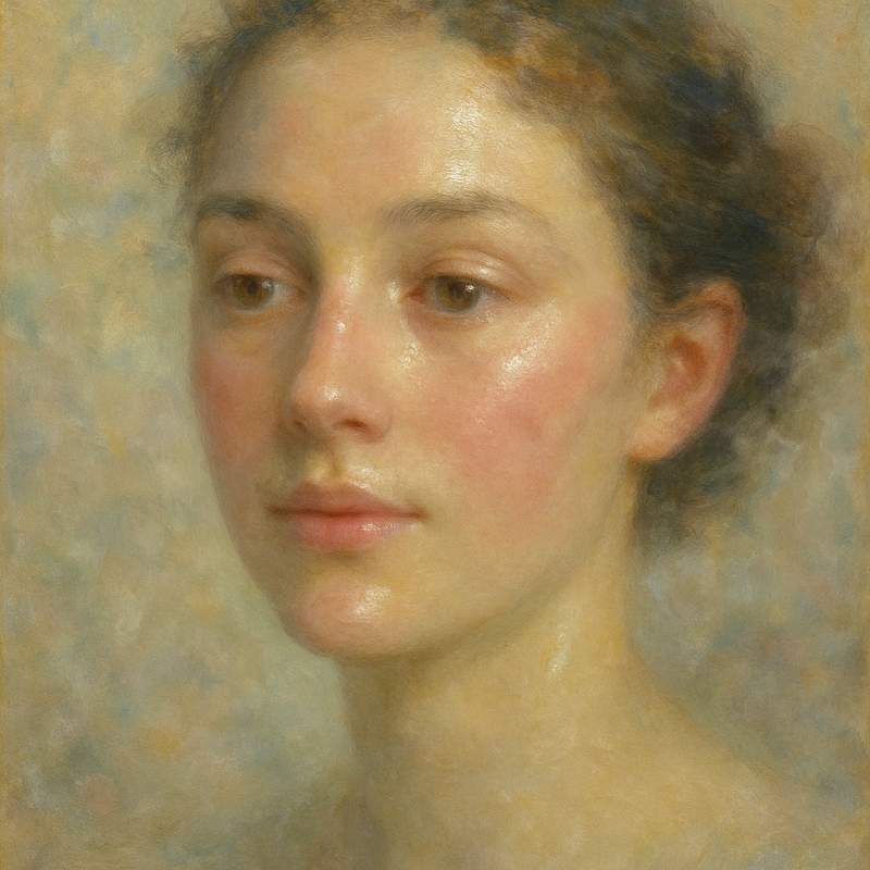 Een Monet-achtig schilderij van een vrouw met een zachte, stralende huid en een etherische, vervaagde achtergrond.
