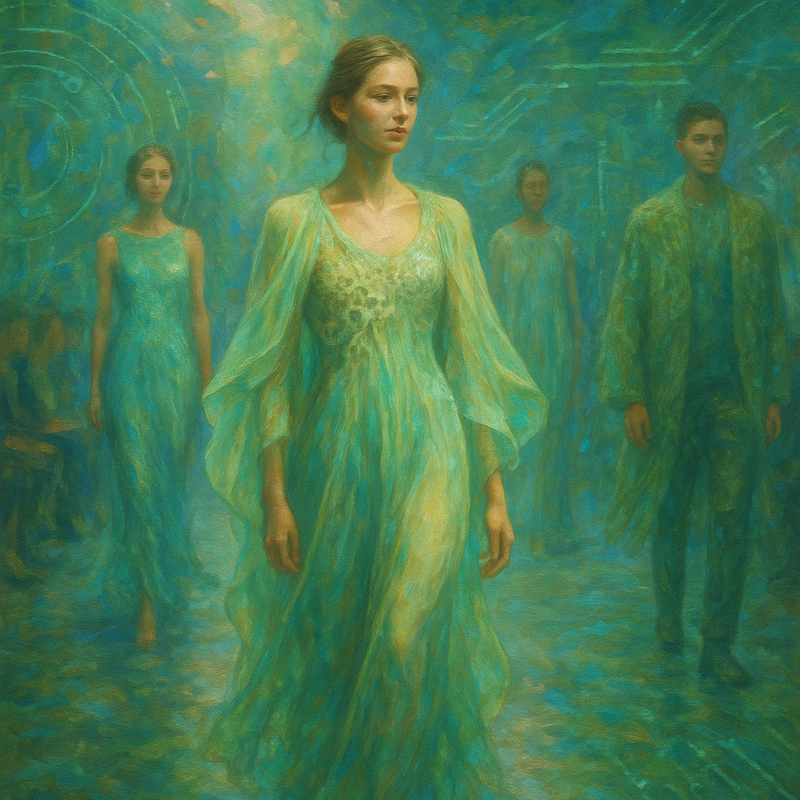 Een impressionistisch schilderij in Monet-stijl van een modecatwalk in de toekomst, met modellen die kleding dragen van innovatieve, duurzame materialen. De scène combineert organische vormen met zachte, technologische elementen en heeft een dromerige, serene sfeer in groene en blauwe tinten.