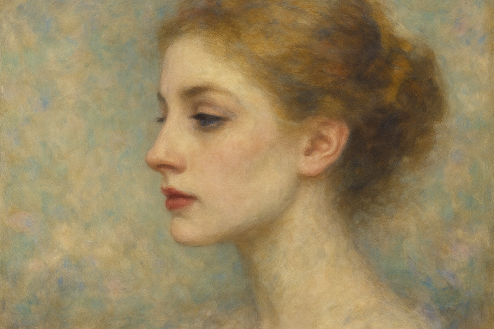 Een Monet-stijl schilderij van een vrouw met elegant aangebrachte make-up, de zachte gelaatstrekken en stralende huid benadrukt door subtiel kleurgebruik. De achtergrond is onscherp en dromerig.