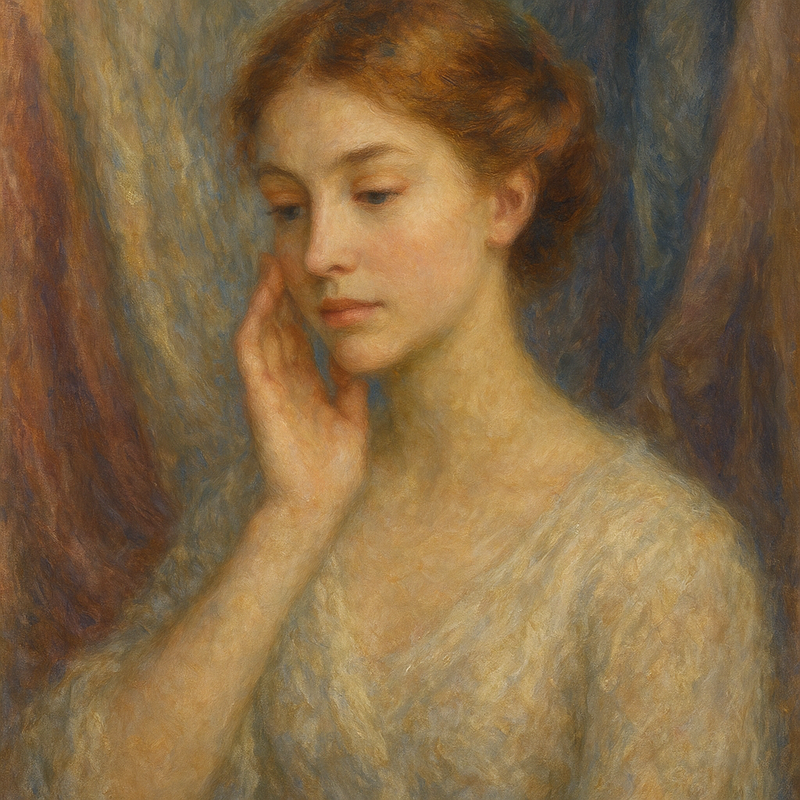 A Monet-style painting of a woman touching her face, surrounded by soft, blurred luxurious fabrics, illustrating the nuanced selection of skincare.