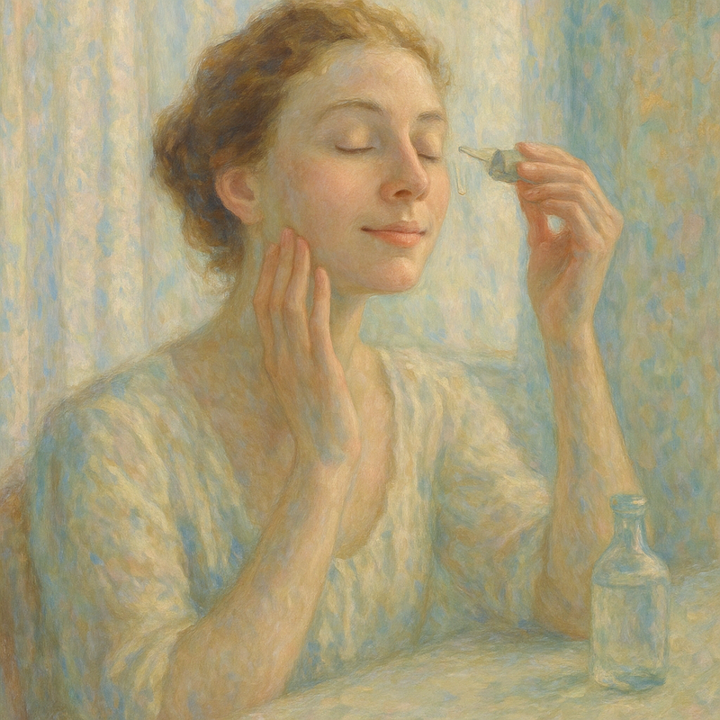 Een Monet-stijl schilderij van een vrouw die rustig een serum aanbrengt, met zachte ochtendlicht en een minimalistische achtergrond, symboliserend een bewuste huidverzorgingsroutine.