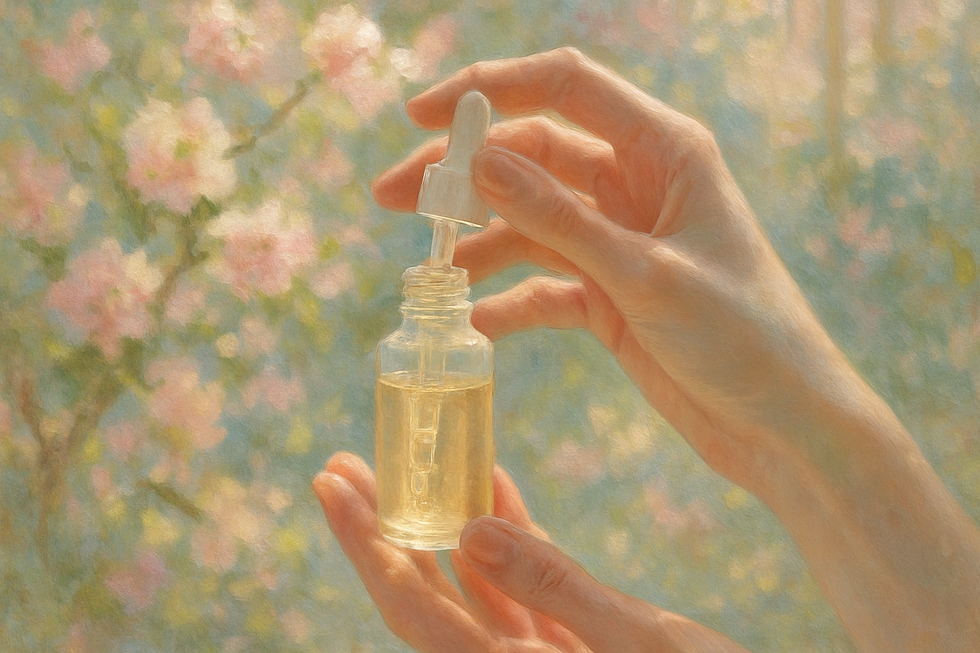 Een Monet-stijl schilderij van een hand die een serumflesje vasthoudt te midden van bloeiende kersenbloesems.