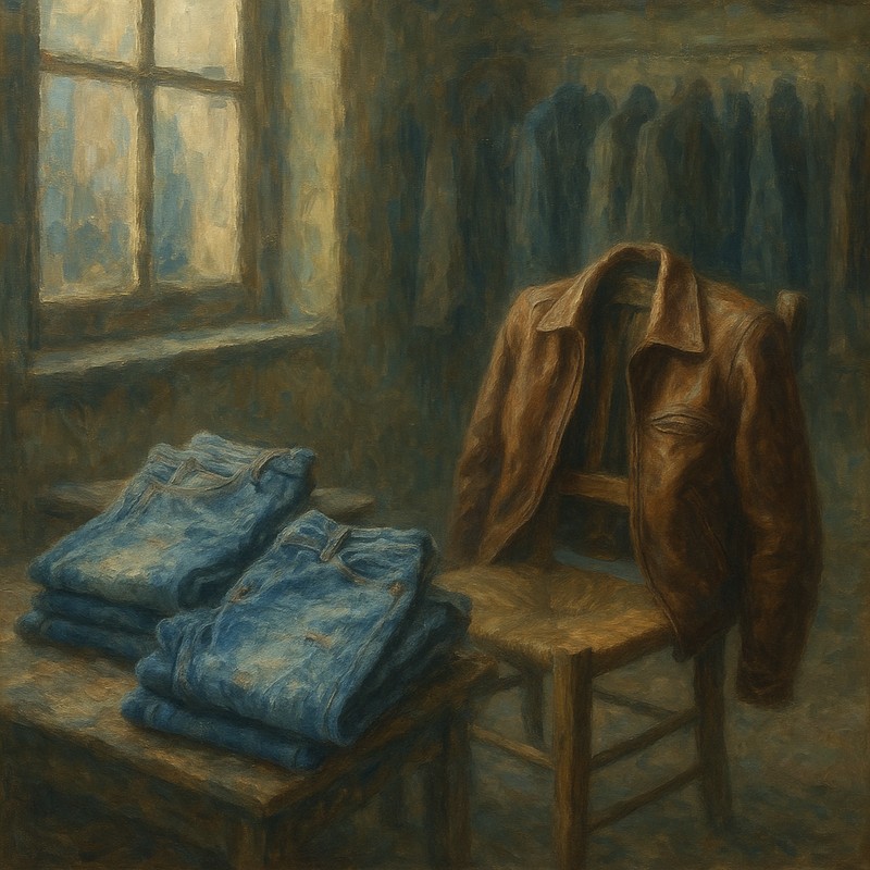 Een schilderij in Monet-stijl toont stapels vintage spijkerbroeken en een leren motorjas op een houten stoel in een zacht verlichte ruimte, met focus op texturen en gedempte kleuren.