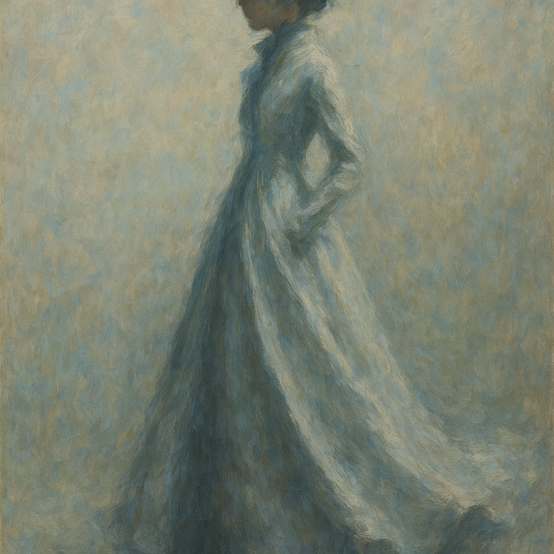 Een Monet-stijl schilderij van een elegante mode-silhouet, waarbij de stof vloeiend en draperend over het lichaam valt, met zachte kleuren die beweging en structuur suggereren.