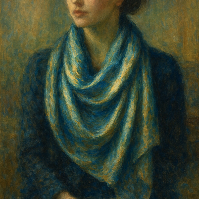 Een Monet-stijl schilderij van een figuur met een zijden sjaal, waarbij de zachte drapage en vloeiende lijnen van de stof centraal staan.