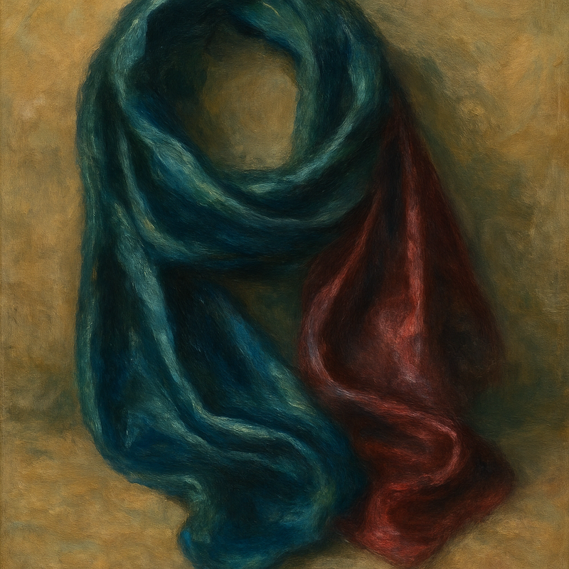 Een Monet-achtig schilderij van een glanzende zijden sjaal in diepe kleuren, sierlijk gedrapeerd, met zachte focus op de textuur en de plooien van de stof.
