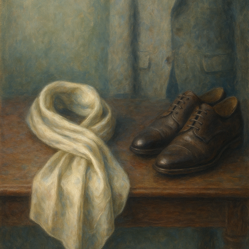Monet-stijl schilderij van een zijden sjaal die over een houten oppervlak is gedrapeerd, met een paar gepoetste Goodyear welted schoenen ernaast, en een vage achtergrond van een colbert. Symboliseert zorg en stijl.