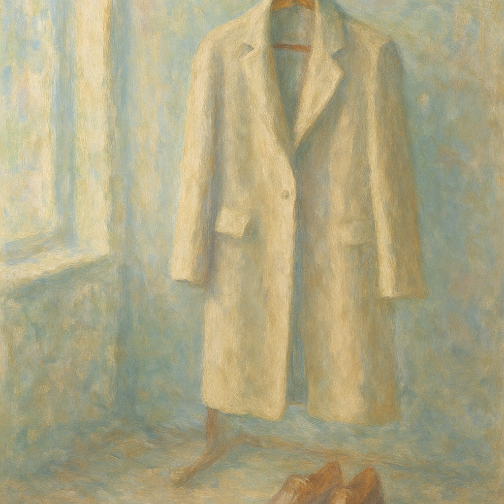 Een Monet-stijl schilderij van een rustige scène met een minimalistische, elegante garderobe. Een klassiek kledingstuk hangt aan een kledingrek, badend in zacht natuurlijk licht. De kleuren zijn gedempt en harmonieus, wat de waarde van kwaliteit en duurzaamheid in mode symboliseert.