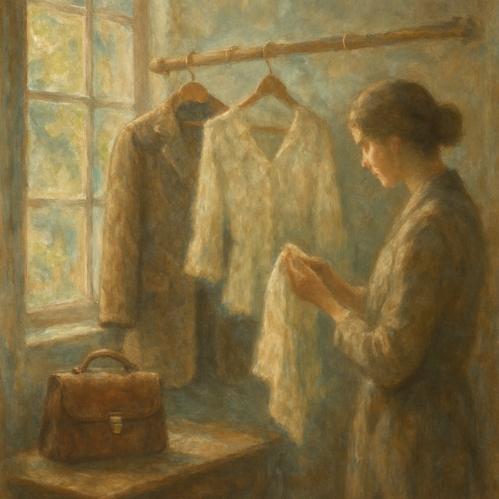 Een Monet-achtig schilderij van een elegante vrouw die met aandacht een vintage kledingstuk bekijkt in een zonnige boetiek, met op de achtergrond andere klassieke stukken aan een rek.