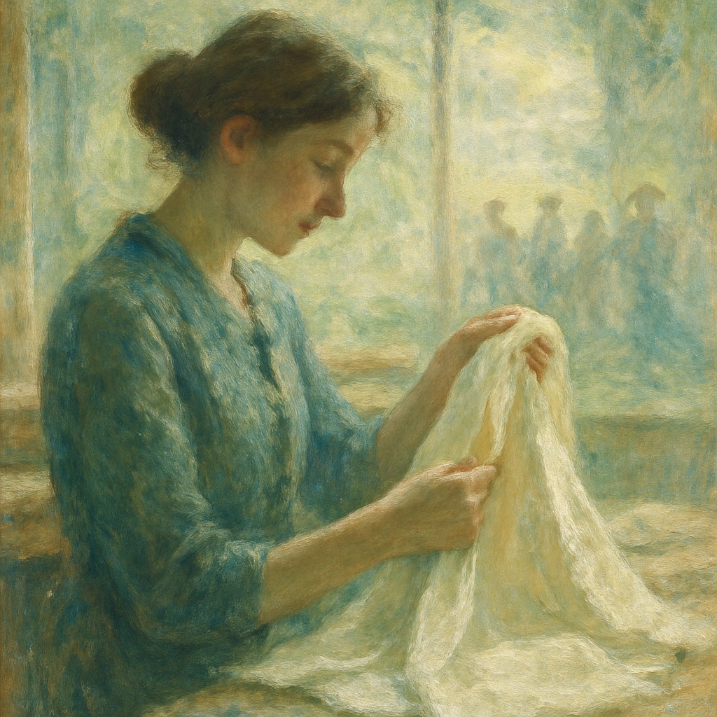 Een impressionistisch Monet-schilderij van een figuur, mogelijk een vrouw, die zorgvuldig een stuk lichtgekleurde stof vasthoudt en onderzoekt. De achtergrond is onscherp met zachte, groene tinten die een natuurlijke omgeving suggereren, en vage, menselijke silhouetten in de verte. De scène straalt een gevoel van bedachtzame observatie en tijdloze esthetiek uit.