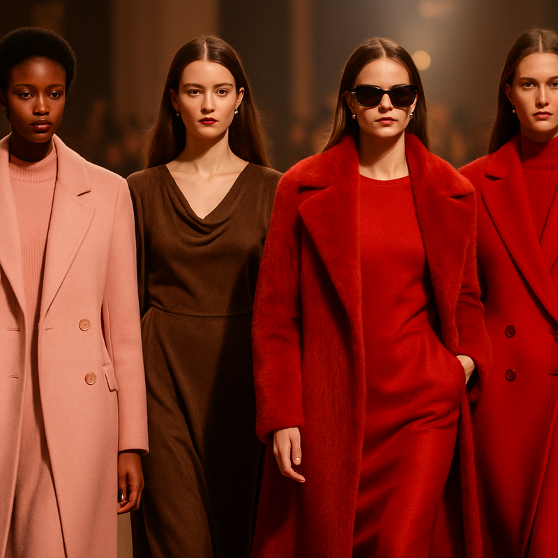 Fashion models wearing powder pink, mocha brown and red clothing for autumn/winter 2025 trends