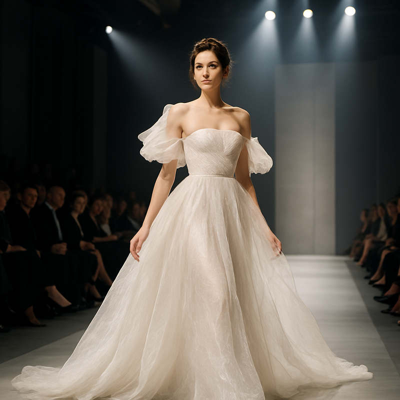 Model in witte haute couture bruidsjurk gemaakt van biotechnologische vezels op catwalk