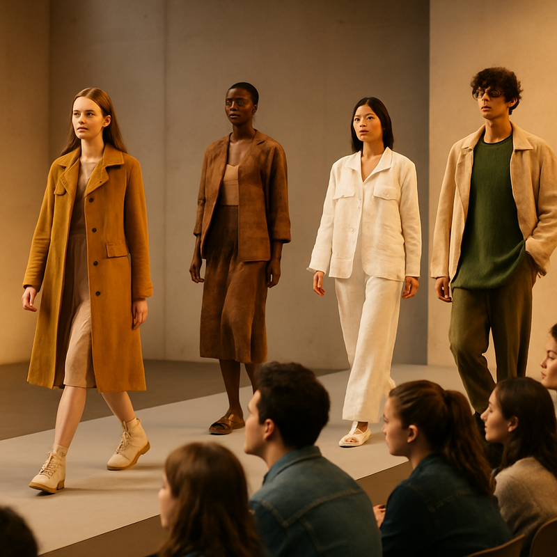 Fashion show met diverse modellen in duurzame kleding op minimalistische catwalk