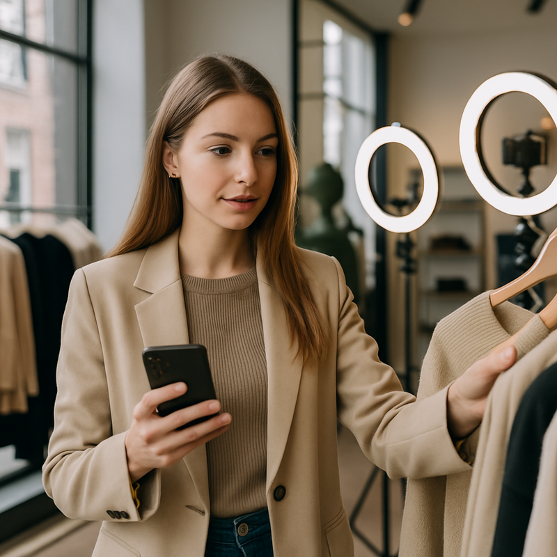 Nederlandse mode-influencer bekijkt kleding in boutique met smartphone en camera apparatuur