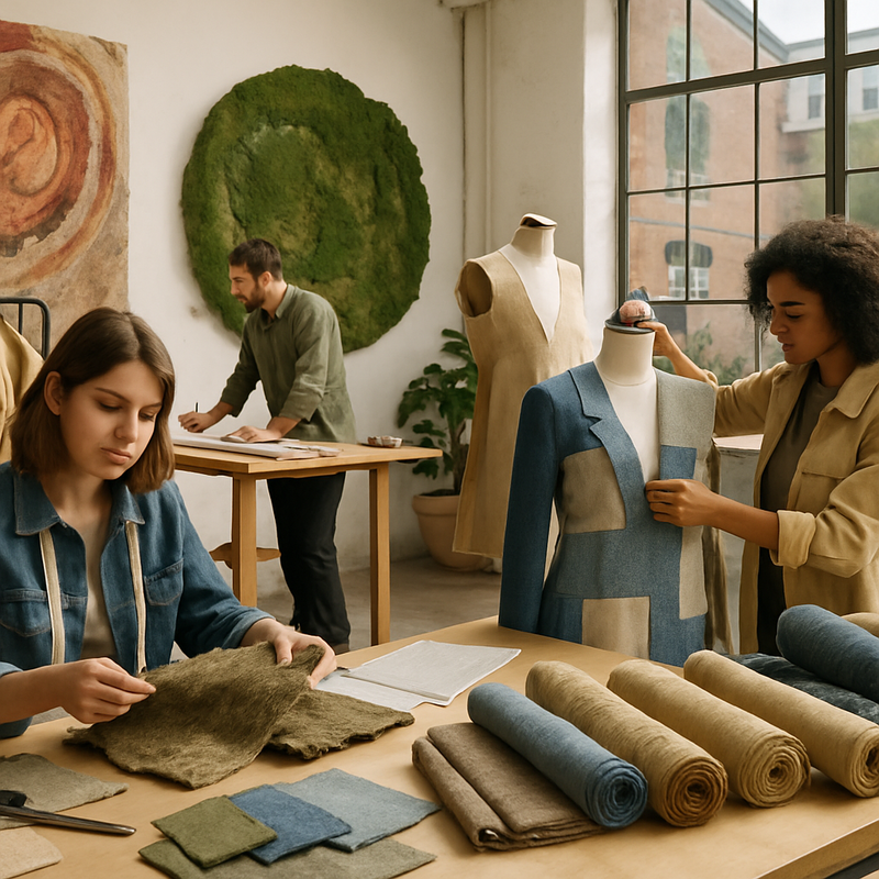 Modeontwerpers werken met gerecyclede materialen in een kunstzinnig atelier