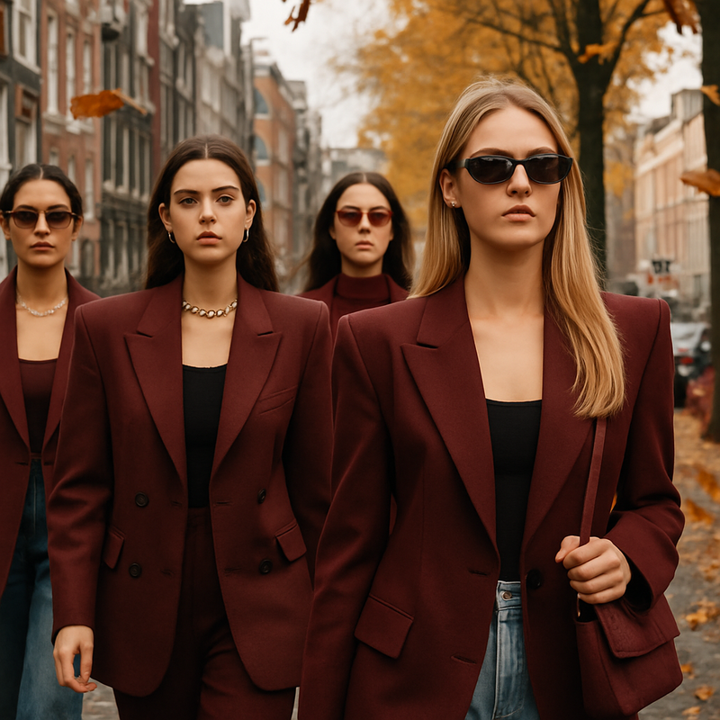 Vrouwen in bordeauxrode powerschouder blazers op Nederlandse straat tijdens herfst 2025