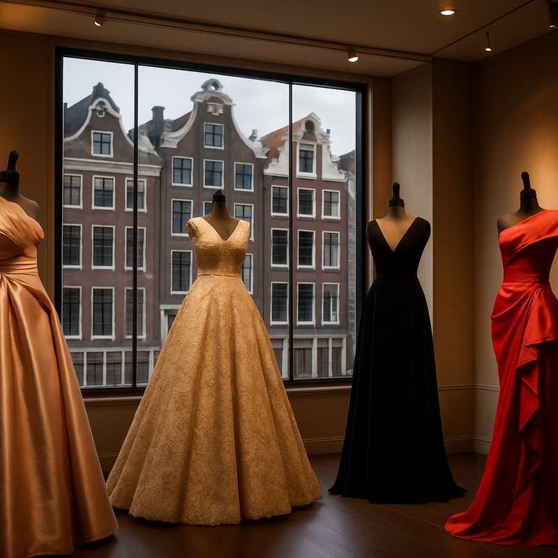 Haute couture modeshow met Nederlandse designerkleding tegen Amsterdamse achtergrond
