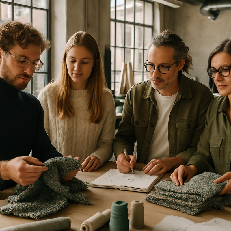 Modeontwerpers bekijken gerecyclede stoffen in een duurzaam atelier