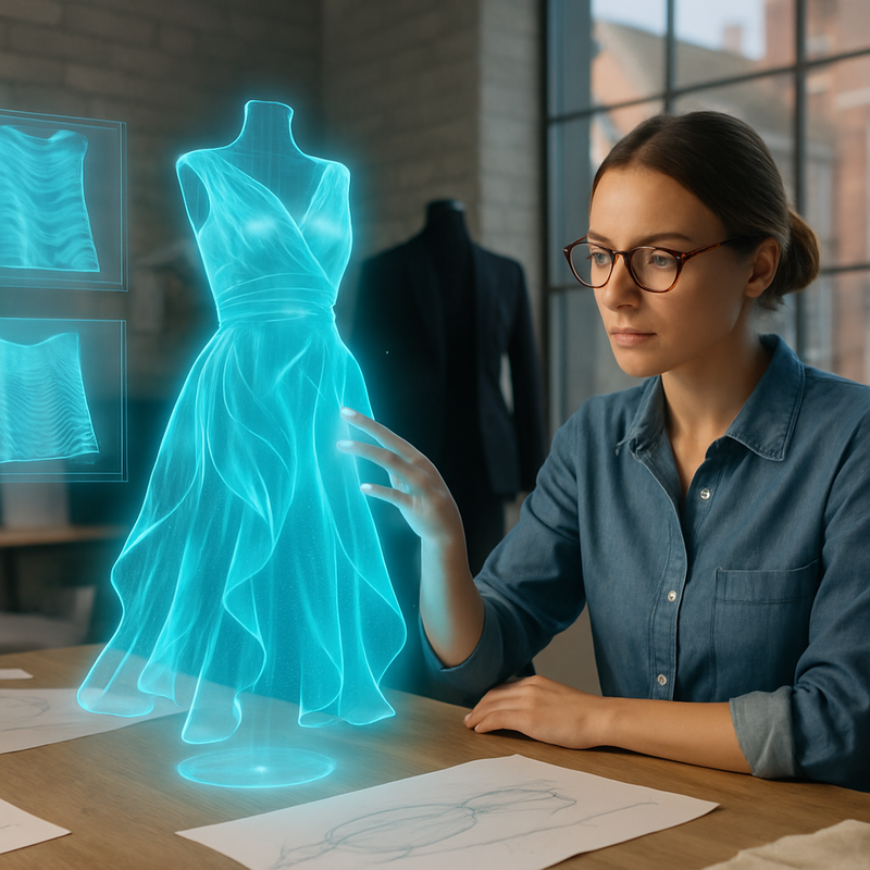 Modeontwerper werkt met holografische kleding in modern atelier