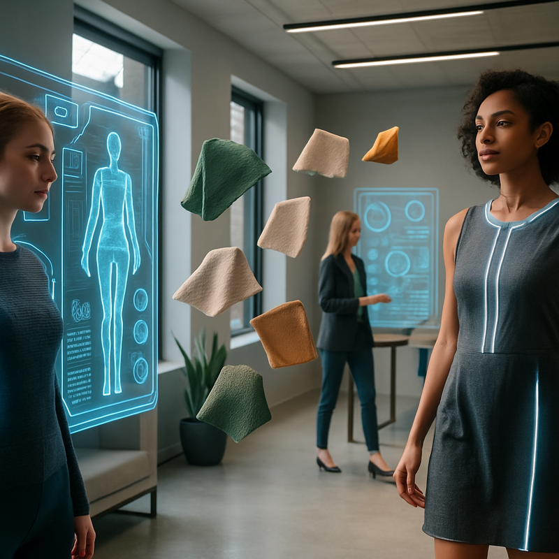 Futuristisch modeatelier met AI-technologie en duurzame stoffen