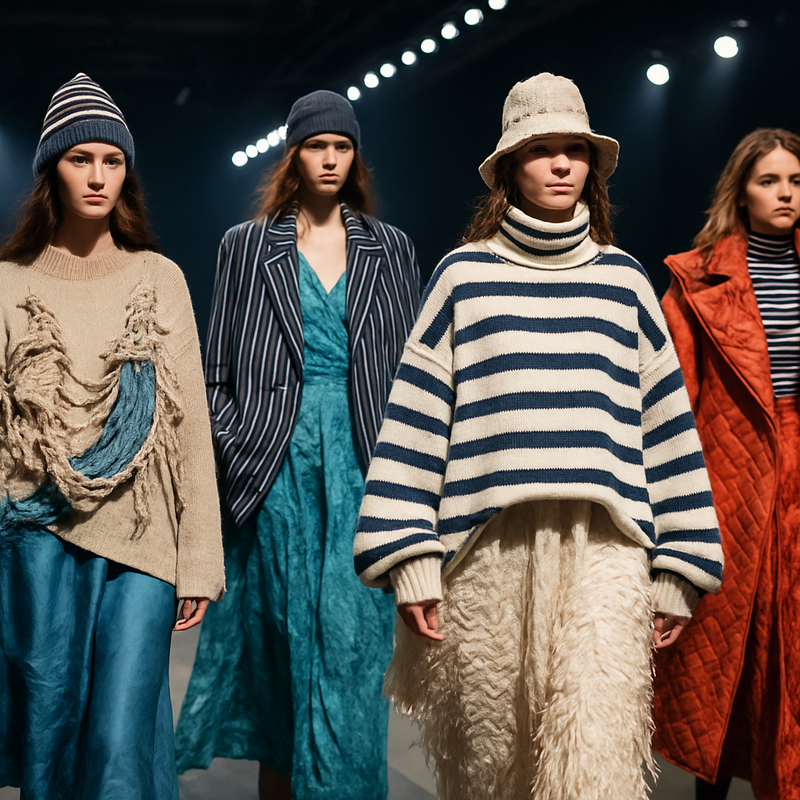 Models op catwalk tijdens modeweek met maritiem geïnspireerde maximalistische kleding