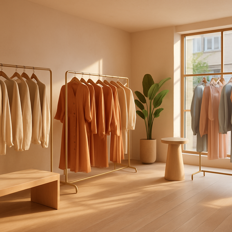 Nederlandse modeboetiek met kleding in zachte beige en pasteltinten